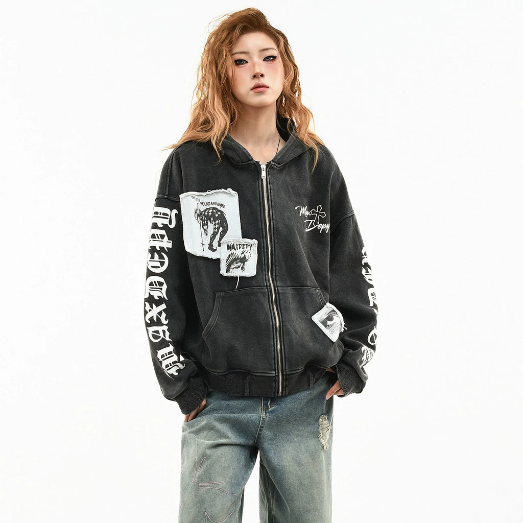 OV original American style patchwork embroidery distressed washed hooded sweatshirt women's spring street loose cardigan jacket men's trend