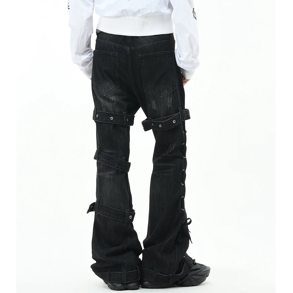 OV Original Punk Abi Style Strap Design Washed Jeans for Men and Women, Slim Fit, Micro Horn, Show Thin and Long Pants, Trendy