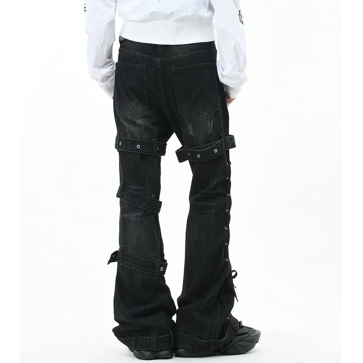 OV Original Punk Abi Style Strap Design Washed Jeans for Men and Women, Slim Fit, Micro Horn, Show Thin and Long Pants, Trendy