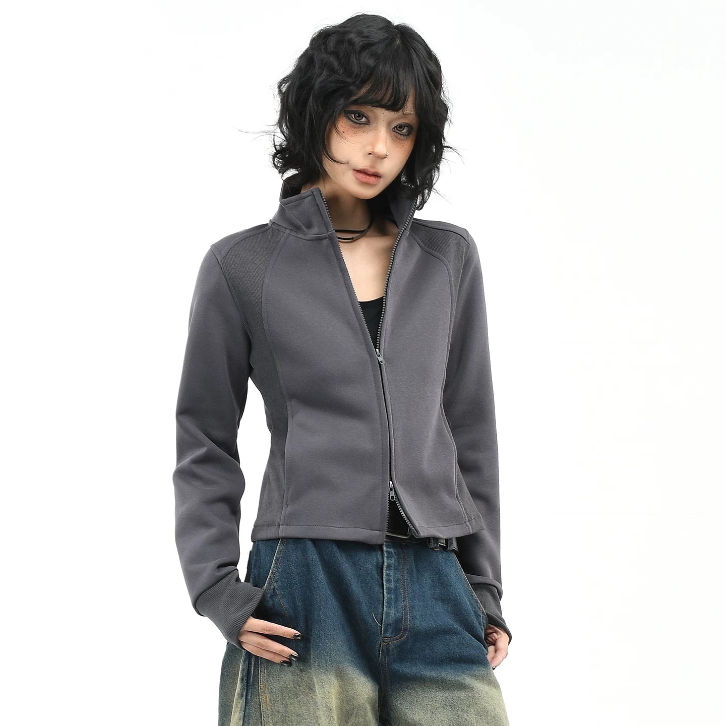 OV original American style short stand up collar shoulder sweatshirt for women's autumn street slimming and slimming effect, cardigan zipper long sleeved jacket