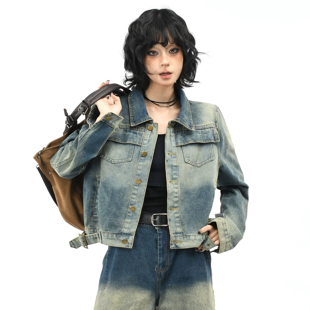 OV original American retro washed vintage denim jacket women's autumn street short shoulder casual jacket top