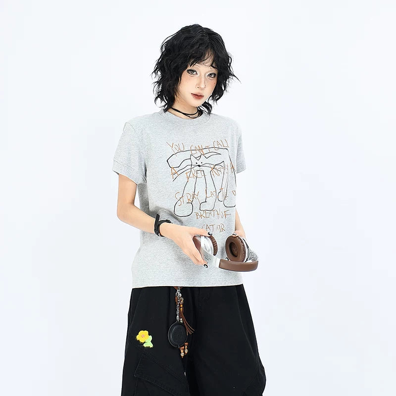 OV Original/Summer American Fun Long Leg Cat Printed Short Sleeve T-shirt for Women Solona Cool Shoulder Top Trendy