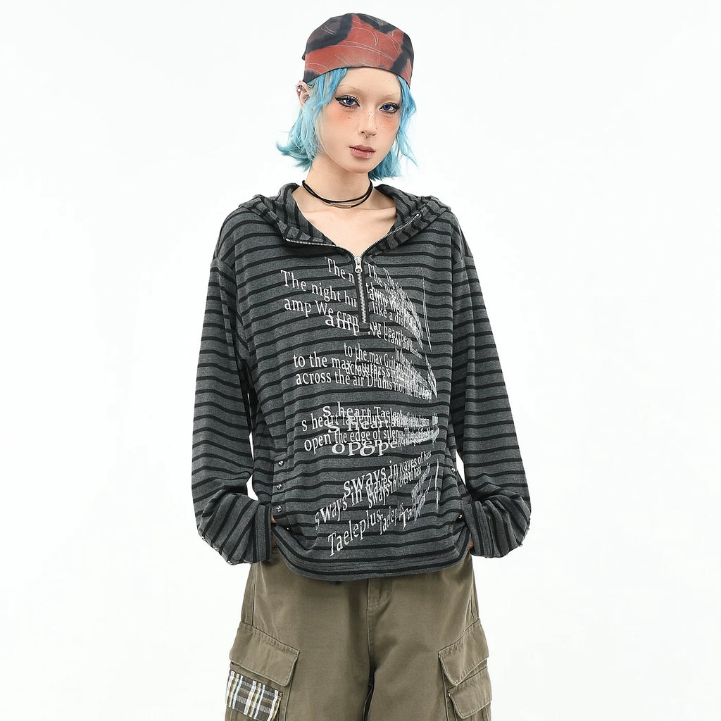 OV original/light punk style rivet stripe hooded long sleeved T-shirt for men and women in autumn loose half zip top trend
