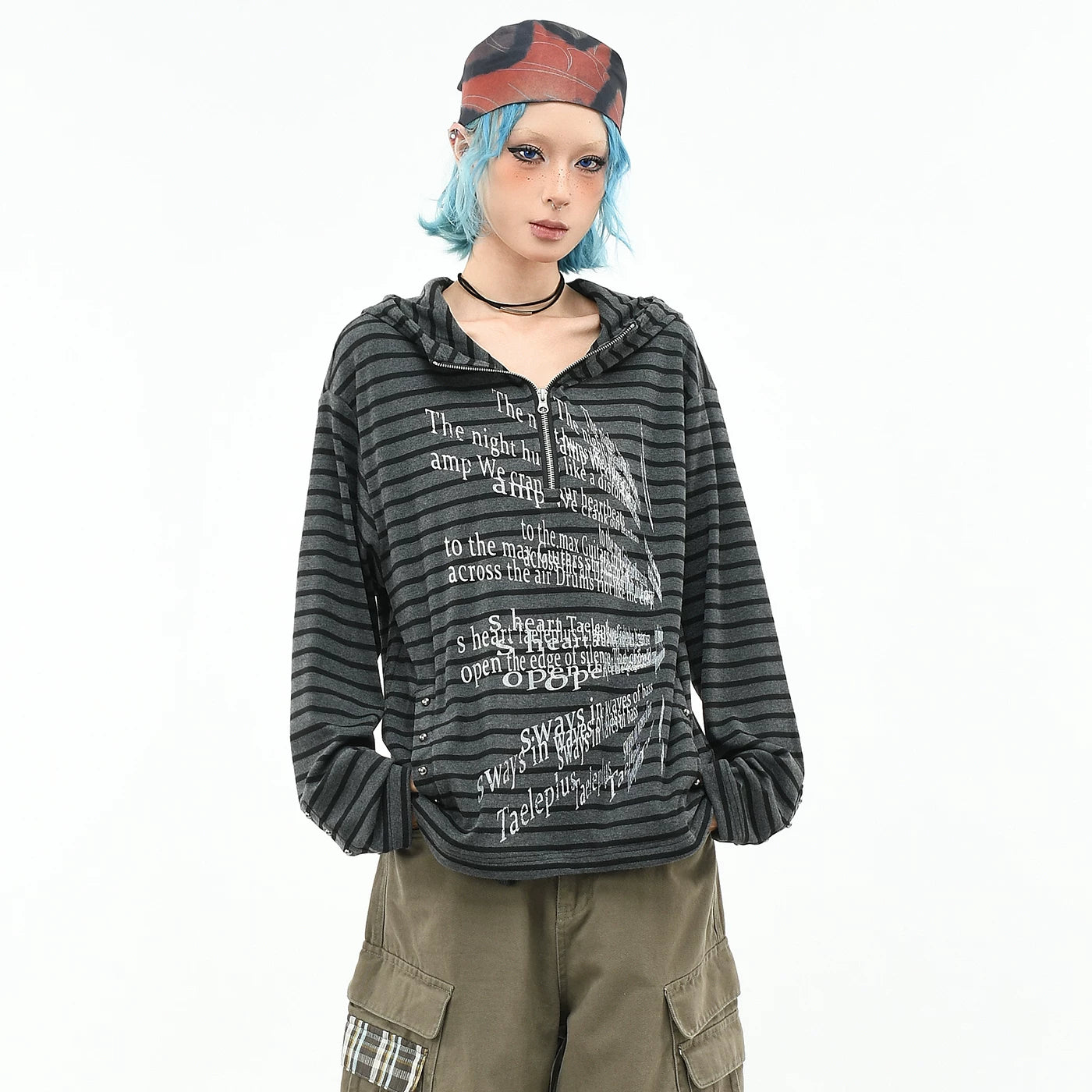 OV original/light punk style rivet stripe hooded long sleeved T-shirt for men and women in autumn loose half zip top trend