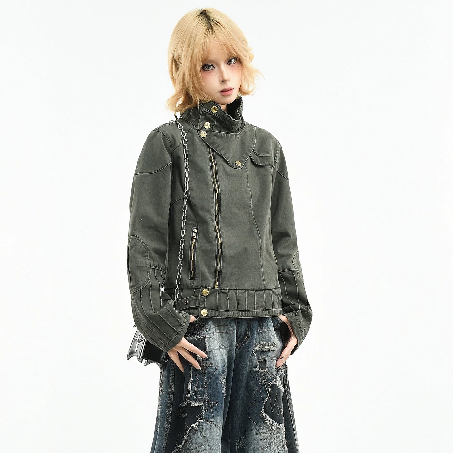 OV original American punk rivet distressed washed stand up collar jacket for women in spring Abi style short motorcycle jacket trend
