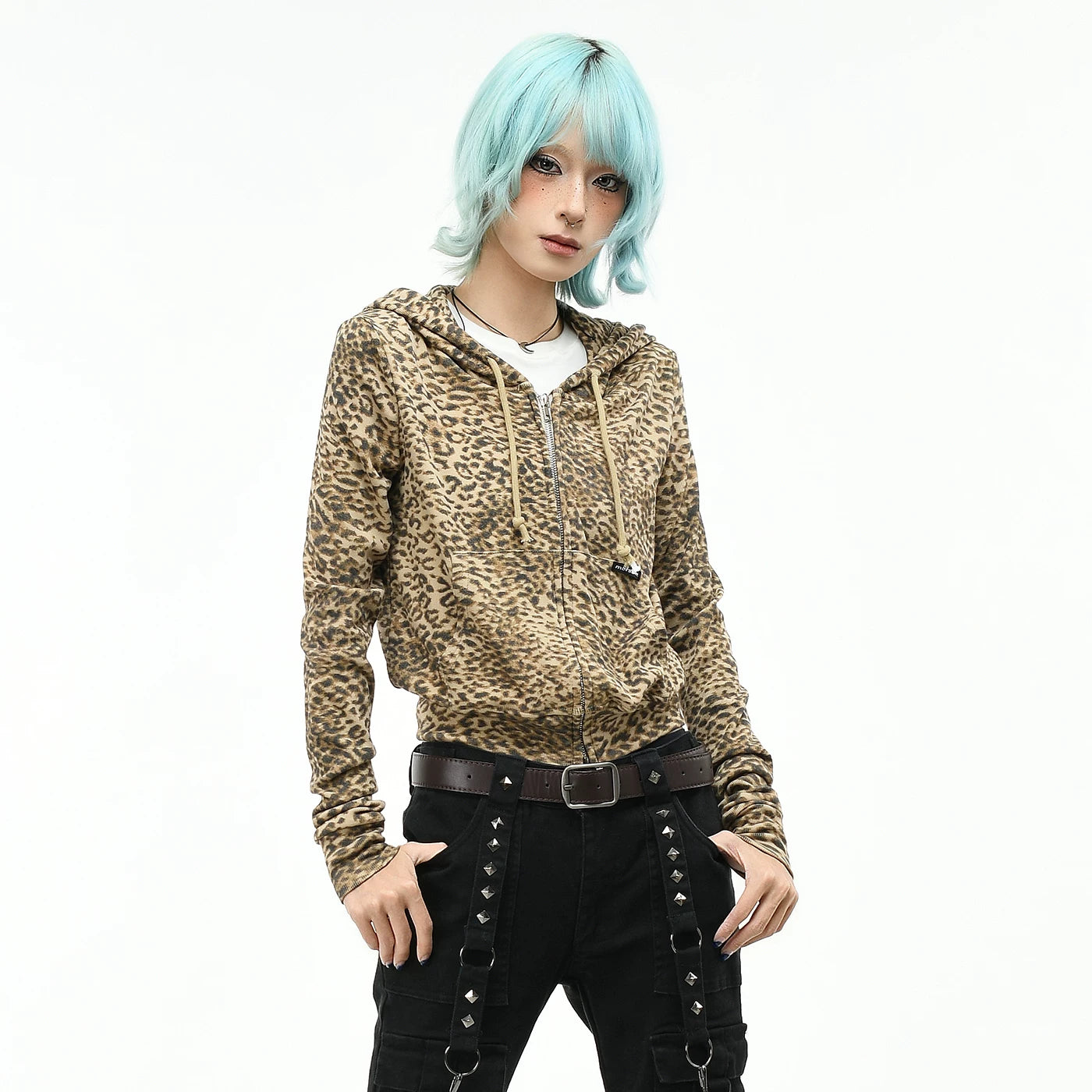 OV original American leopard print short zipper hooded sweatshirt for women in autumn, slim fit and slimming, waist cinching, spicy girl cardigan jacket