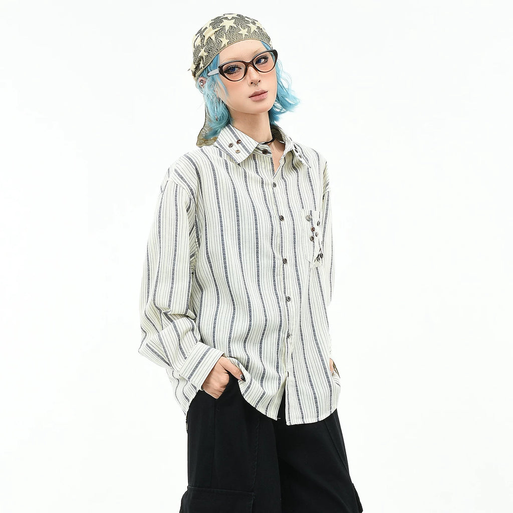 OV original retro striped contrasting yuppie long sleeved shirt for men and women in autumn, loose and irregular button design shirt trend