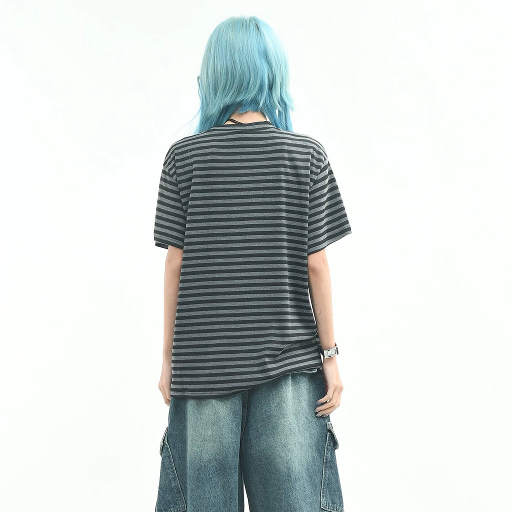 OV original/retro striped letter printed shoulder T-shirt for men and women in summer loose short sleeved niche light Asian top trend