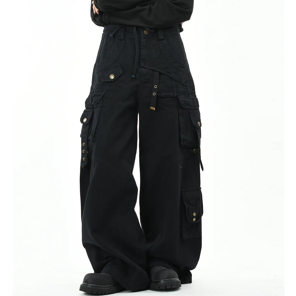 OV original American style multi pocket ribbon functional work pants for women on the street, loose wide leg washed long pants for men, trendy