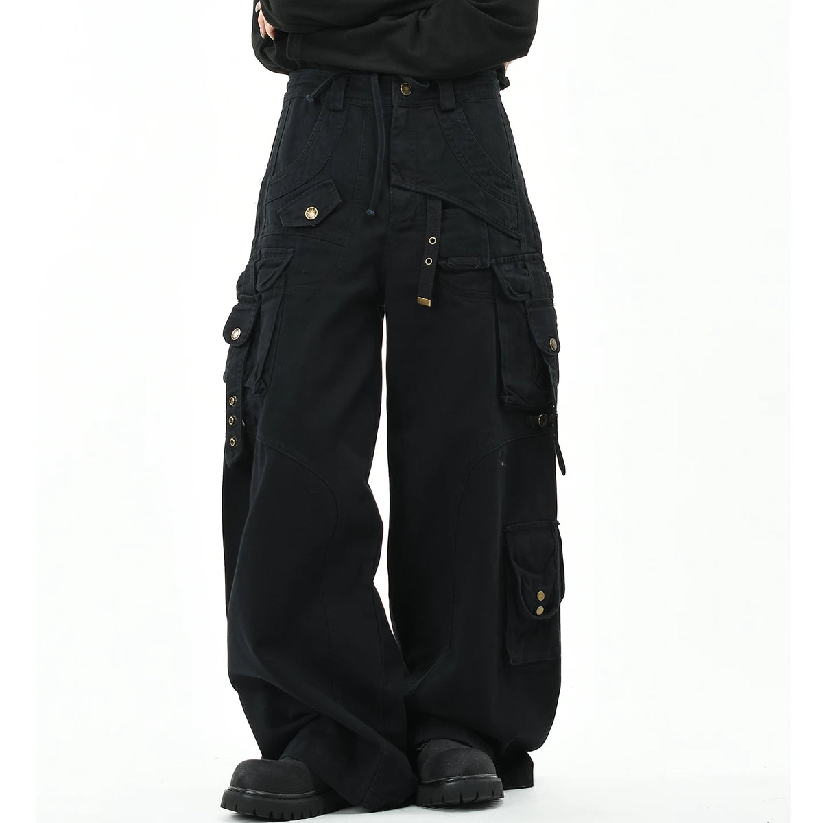 OV original American style multi pocket ribbon functional work pants for women on the street, loose wide leg washed long pants for men, trendy
