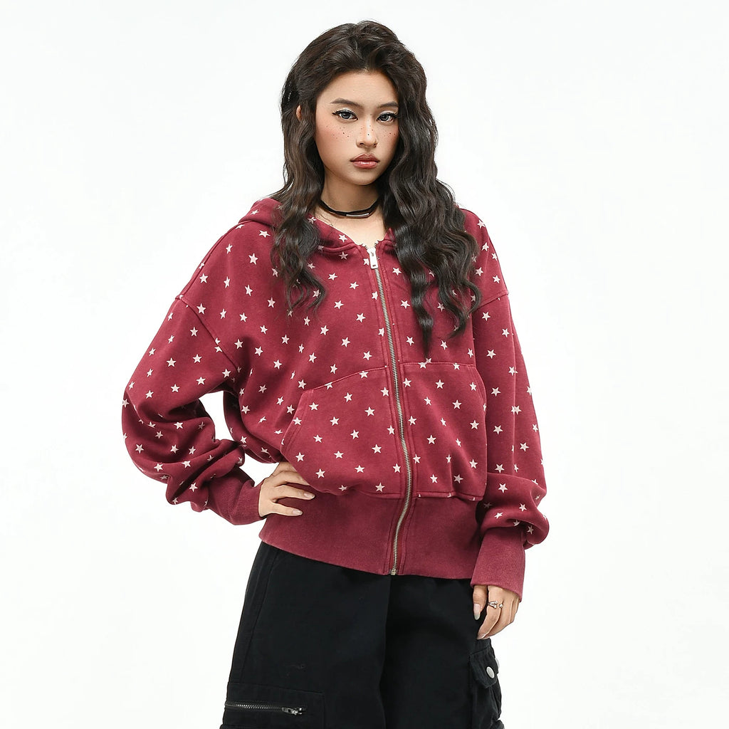 OV Original Retro Star Full Print Vintage Waist Hoodie Women's Autumn Loose Short Zipper cardigan Coat