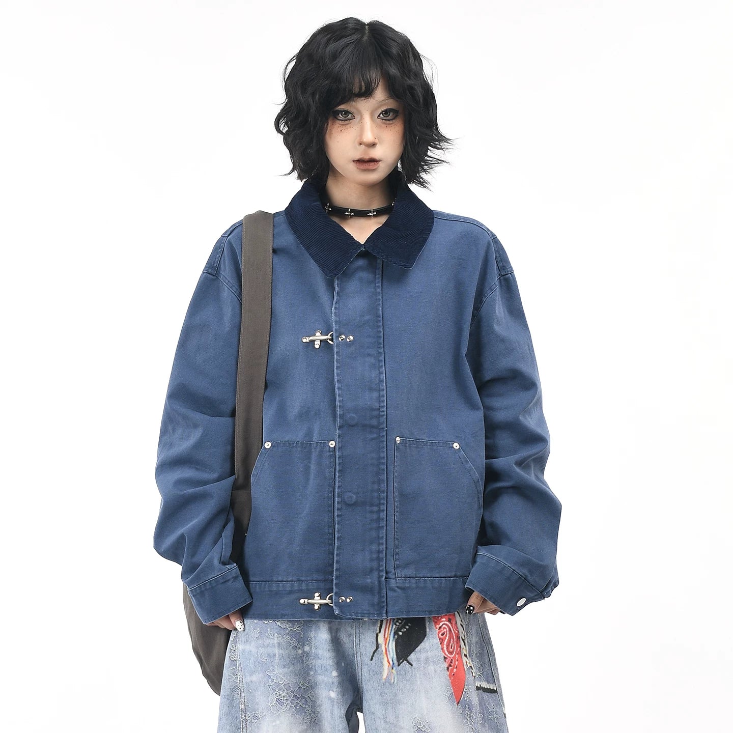 OV original American contrasting color airplane buckle splicing lapel workwear jacket for men and women, autumn street loose couple jacket