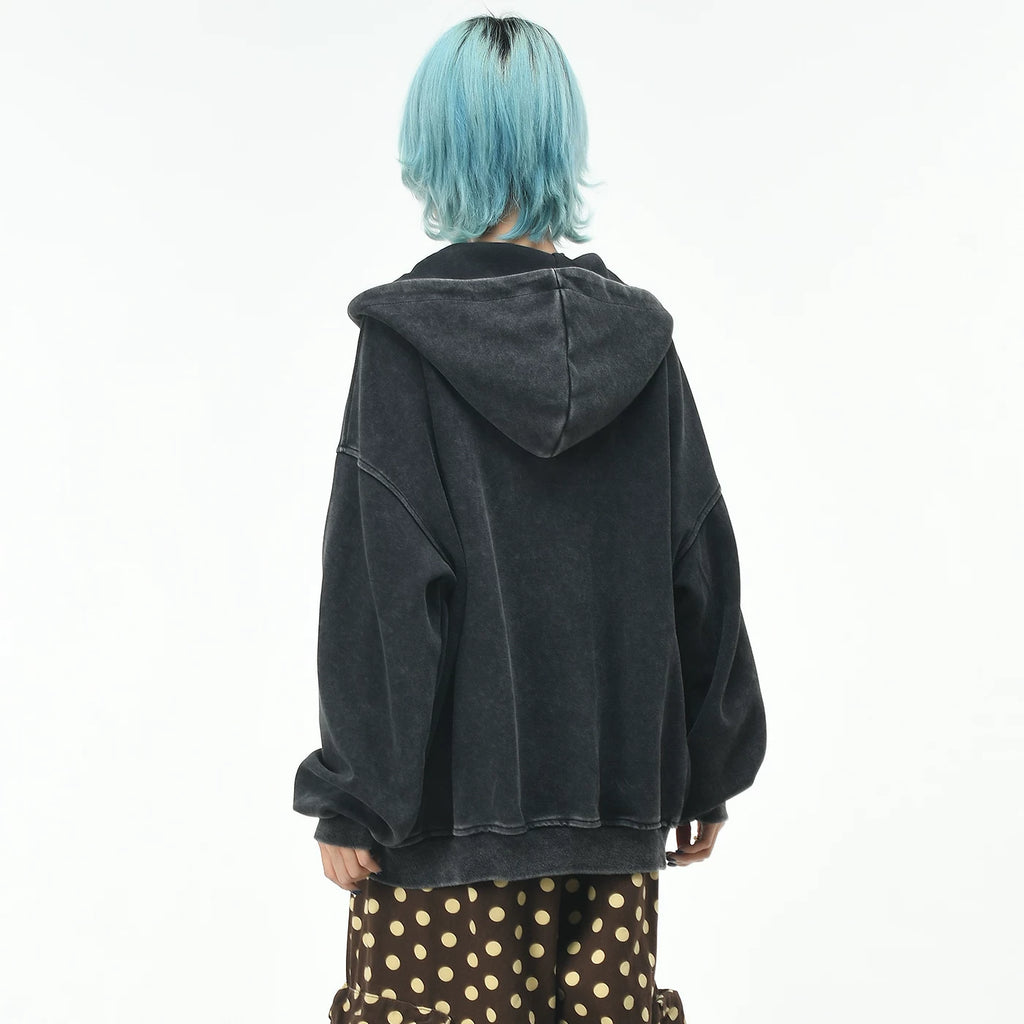 OV original light Asian style pork rib rivet made old hooded sweatshirt for women, autumn street loose zipper cardigan jacket for men