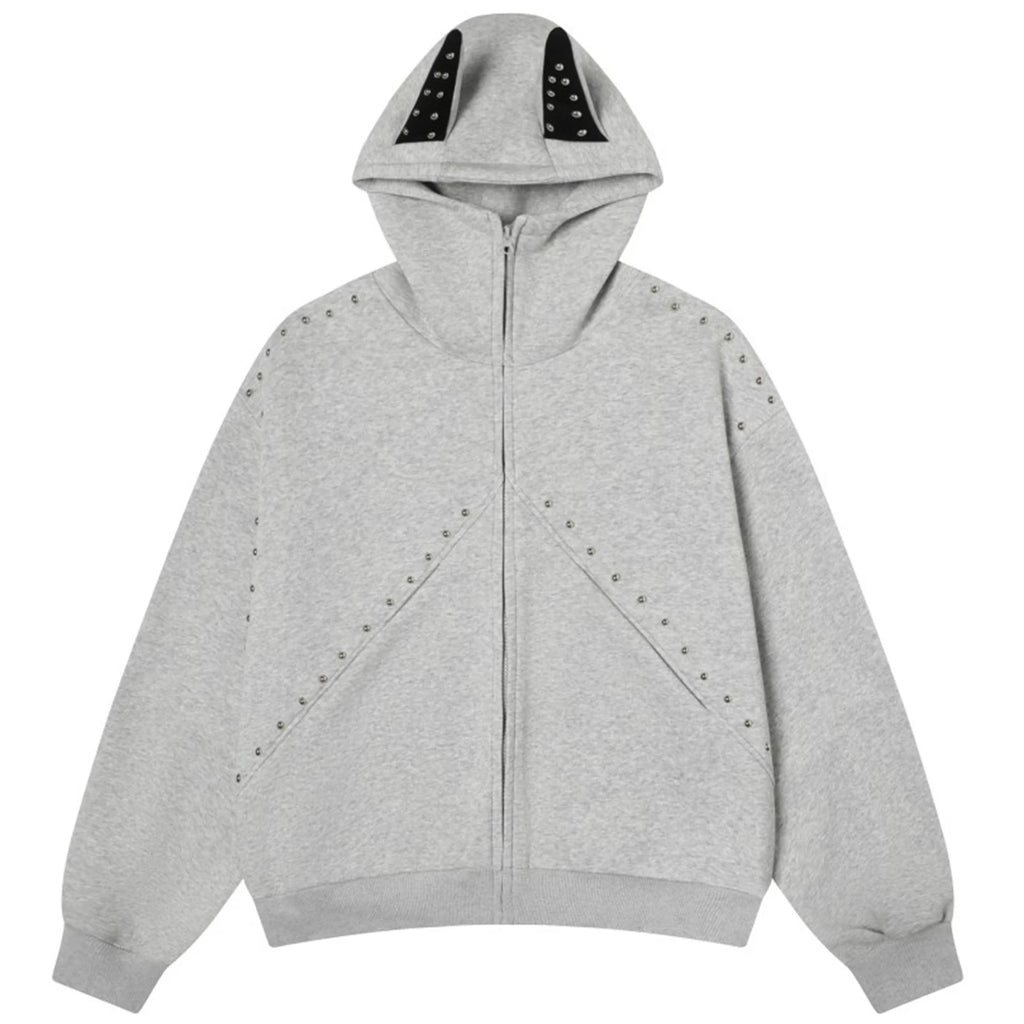 OV original American dog ear design hooded sweatshirt for men and women, autumn loose rivet splicing couple cardigan jacket