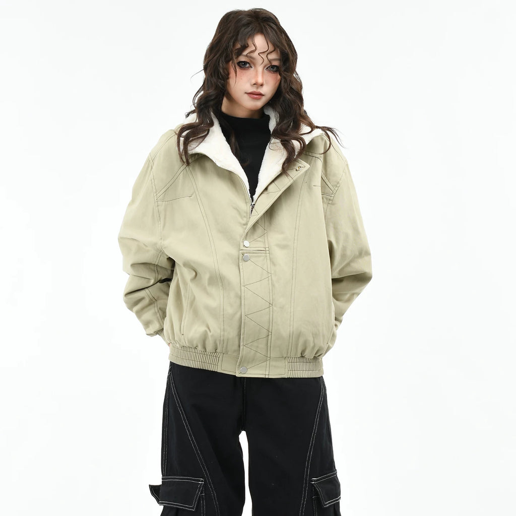 OV Original American Retro Clear Thread Deconstruction Design with Velvet Warm Coat Women's Winter Loose Casual Cotton Coat