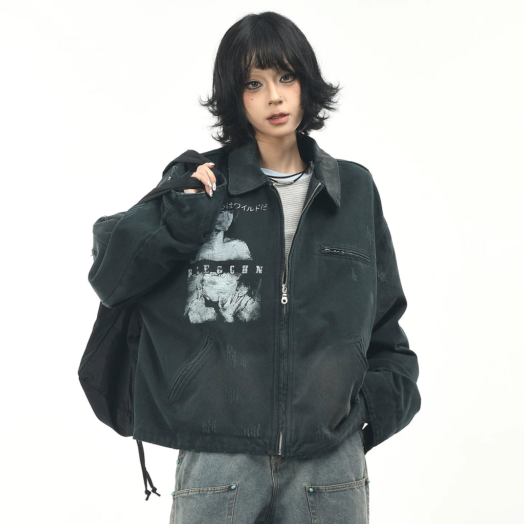 OV original American retro character print distressed washed workwear jacket for men and women in autumn loose collar jacket trend