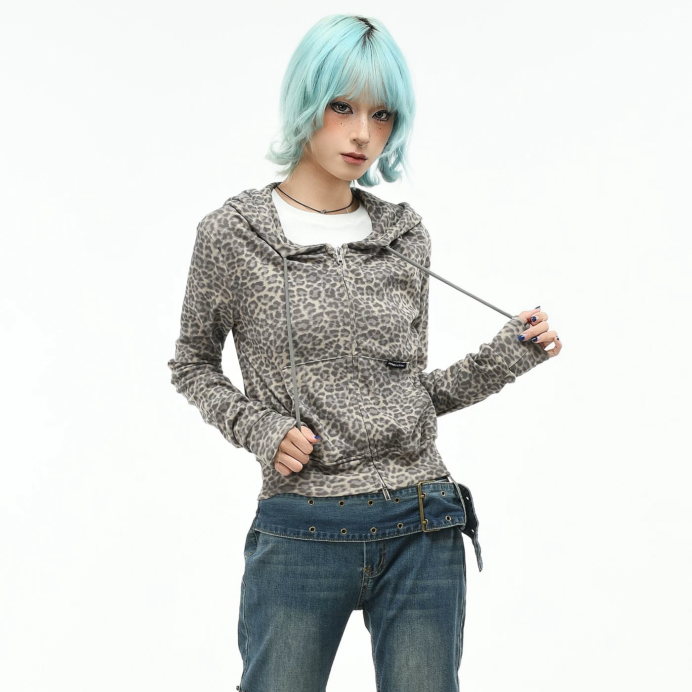 OV original American leopard print short zipper hooded sweatshirt for women in autumn, slim fit and slimming, waist cinching, spicy girl cardigan jacket