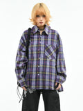 OV original American light wrinkled texture relaxed silhouette long sleeved shirt for women in spring, loose retro checkered shirt for men