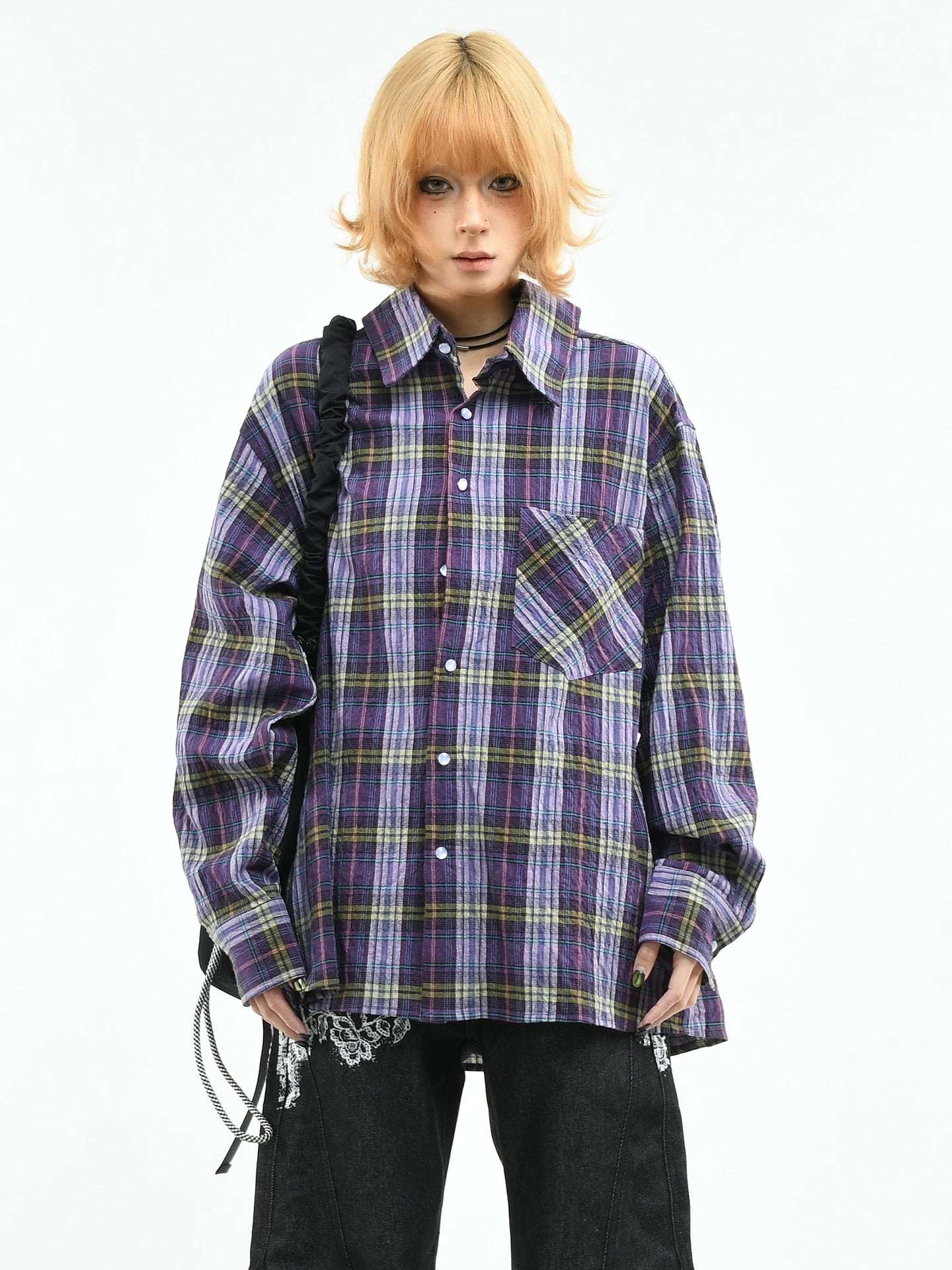 OV original American light wrinkled texture relaxed silhouette long sleeved shirt for women in spring, loose retro checkered shirt for men