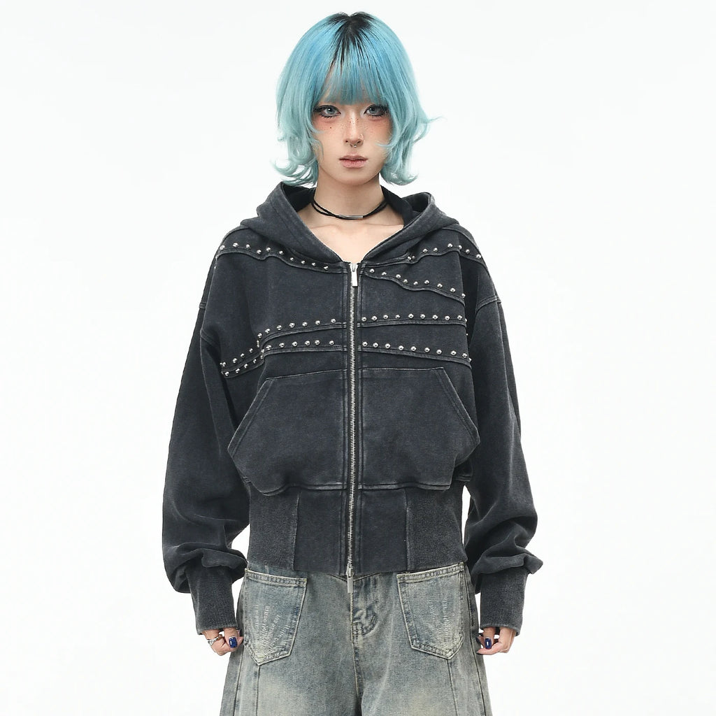 OV Original Retro Rivet Cut, Vintage, Back Waist Hoodie, Women's Autumn Loose Short Zipper cardigan Coat
