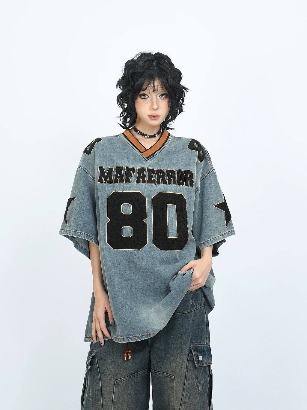 OV original American style plush embroidery washed denim short sleeved T-shirt for men and women loose retro V-neck baseball jacket trendy