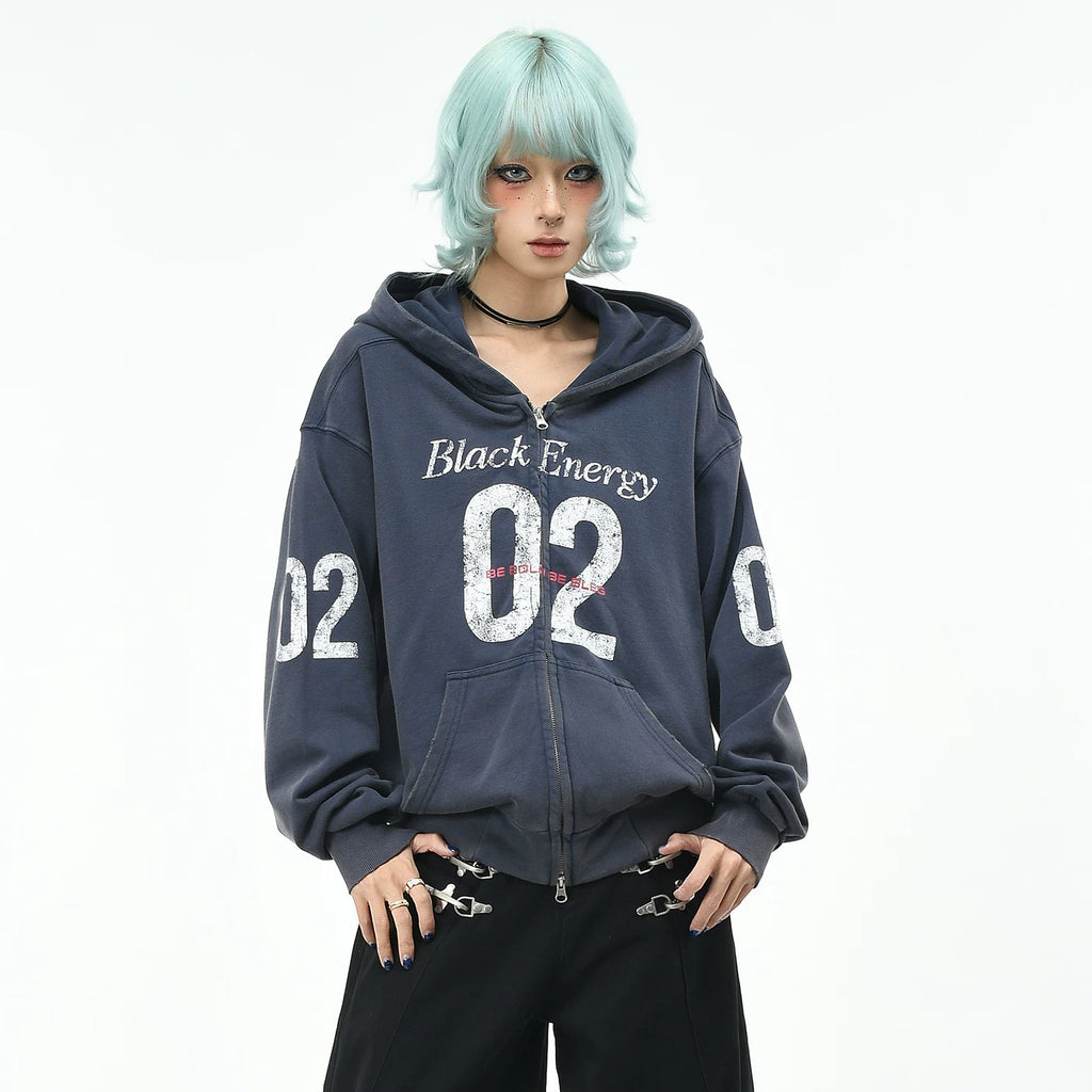 OV original retro mottled letter vintage hooded sweatshirt for men and women autumn street loose short cardigan jacket trendy