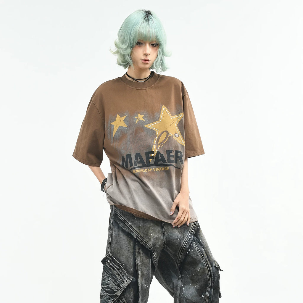 OV original/retro star print tie dye short sleeved T-shirt for women, summer loose round neck trendy brand vintage top for men, boyfriend