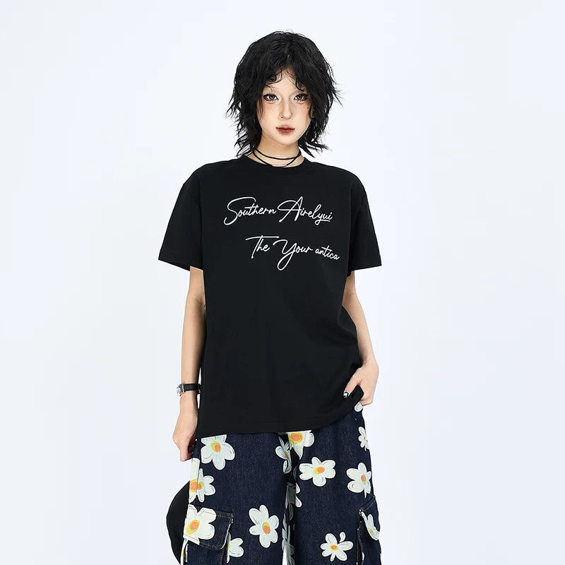 OV original/Summer American letter print Sorona cool short sleeved T-shirt for men and women boxy shoulder slimming top