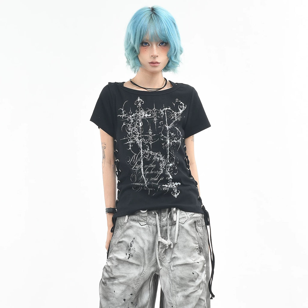 OV original/light Asian style graffiti strap design shoulder short sleeved T-shirt for women's summer slim fit short style spicy girl top trend