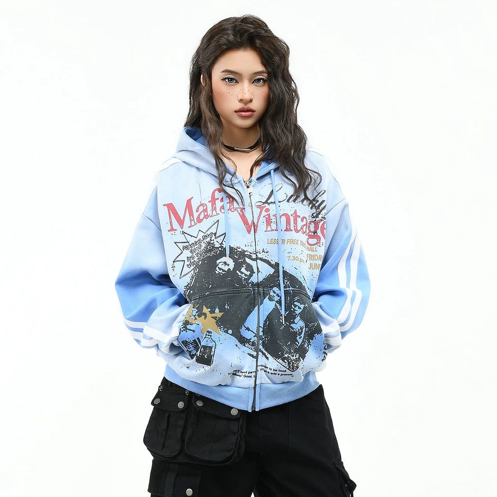 OV original American hip-hop band character print hooded sweatshirt for men and women in autumn loose short style tie dye jacket trend