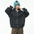 OV original light Asian style pork rib rivet made old hooded sweatshirt for women, autumn street loose zipper cardigan jacket for men