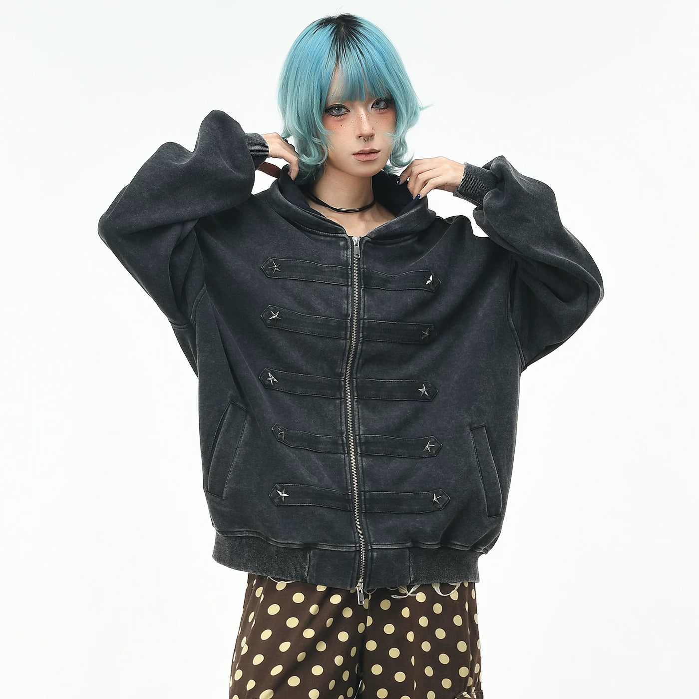 OV original light Asian style pork rib rivet made old hooded sweatshirt for women, autumn street loose zipper cardigan jacket for men