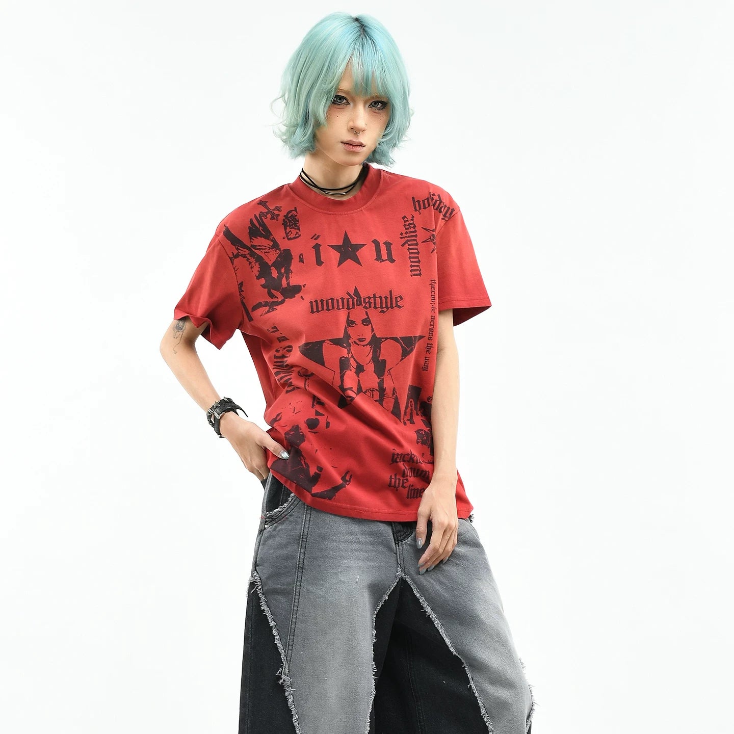 OV original/street light Asian style figure printed short sleeved T-shirt for women in summer, loose, vintage, trendy, cool shoulder top for men