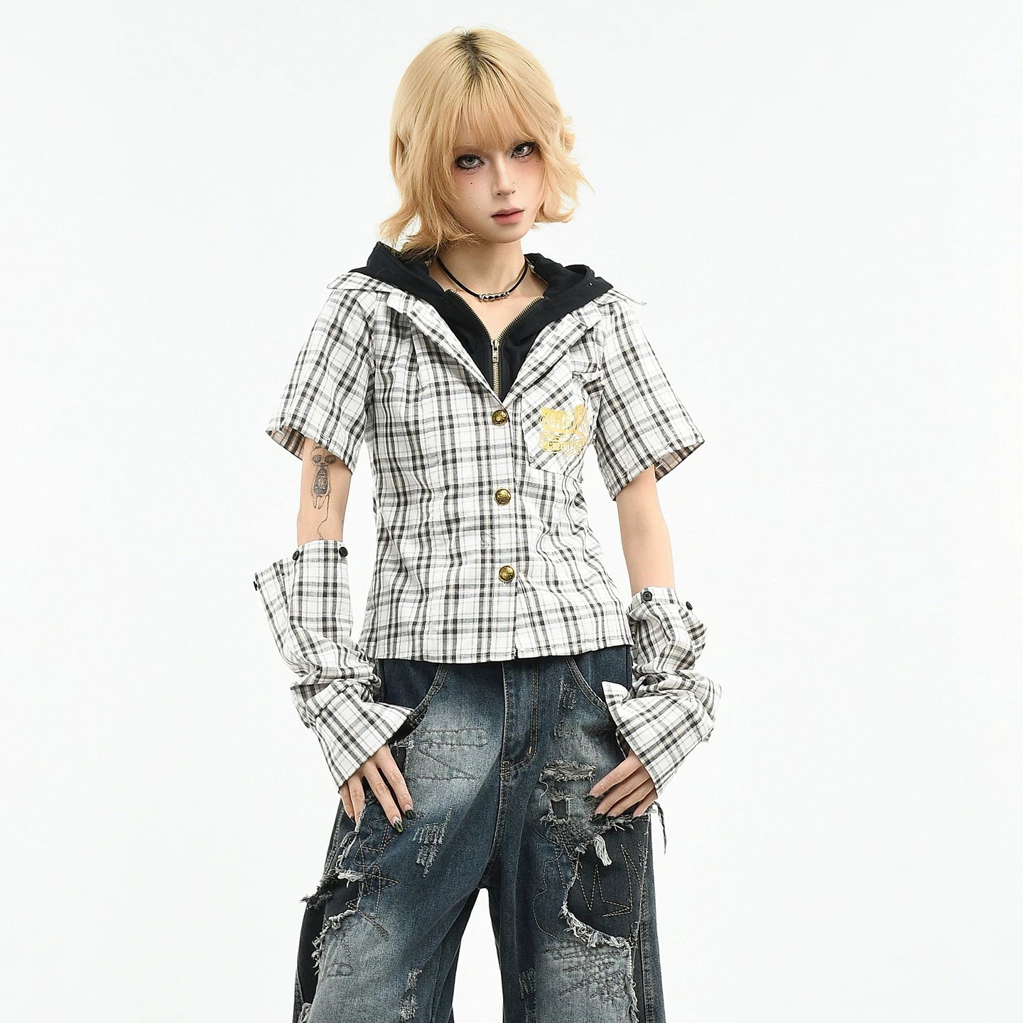 OV original subculture sleeve detachable fake two-piece long sleeved shirt for women's spring slim fit short plaid shirt trend
