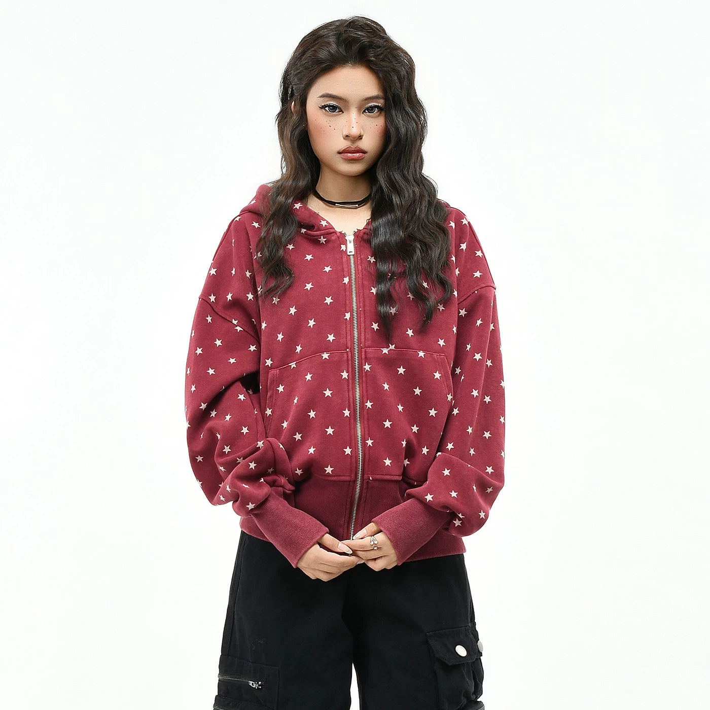 OV Original Retro Star Full Print Vintage Waist Hoodie Women's Autumn Loose Short Zipper cardigan Coat