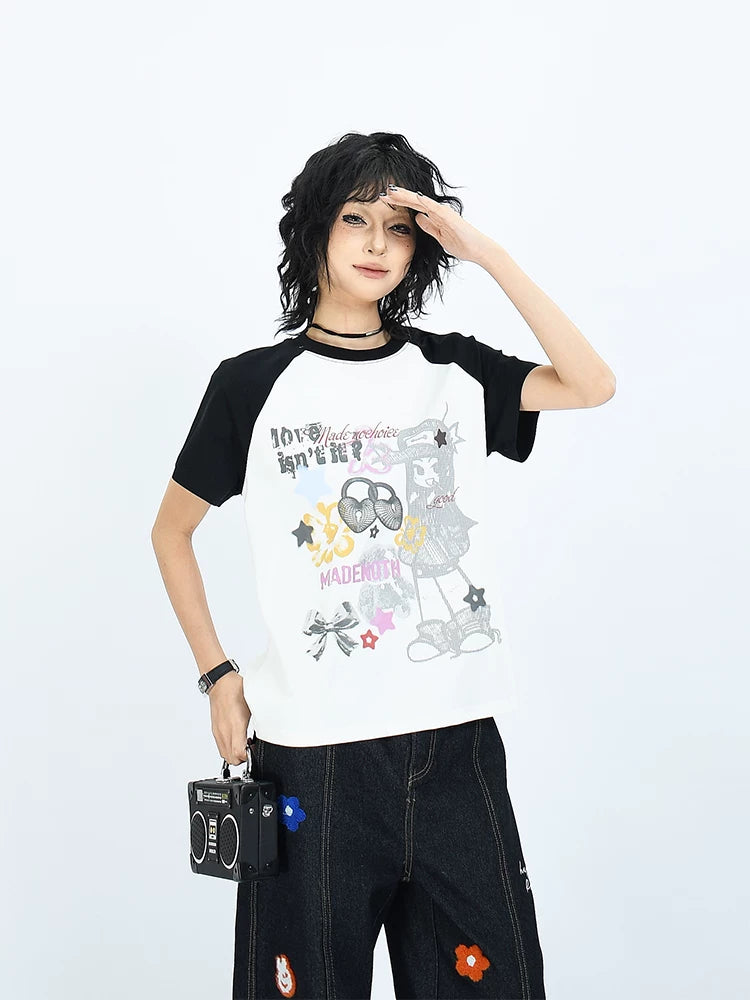OV original/American fun cartoon printed short sleeved T-shirt for women in summer with raglan sleeves and contrasting color front shoulder short top trend