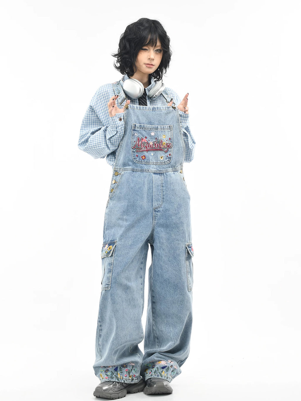 OV original American floral embroidery washed denim overalls for women, retro loose wide leg workwear pants for men