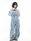 OV original American floral embroidery washed denim overalls for women, retro loose wide leg workwear pants for men