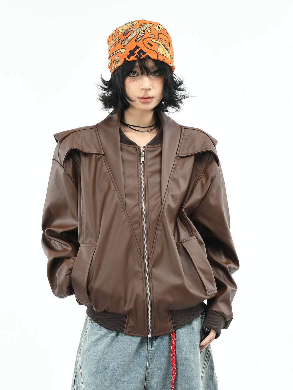 OV original American deconstruction splicing functional style PU leather jacket for women, autumn high-end feeling, wide loose neck jacket for men