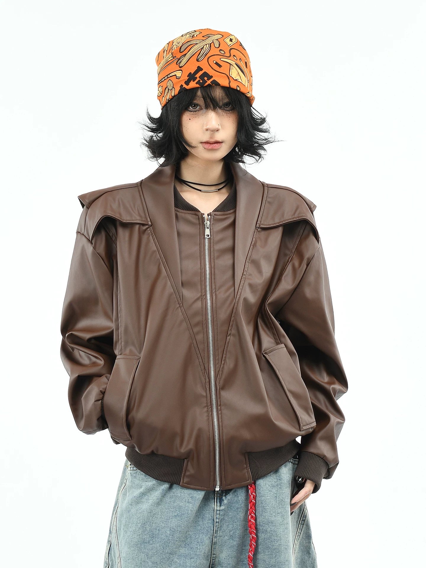 OV original American deconstruction splicing functional style PU leather jacket for women, autumn high-end feeling, wide loose neck jacket for men