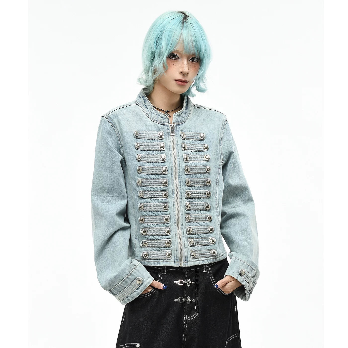 OV original high street Napoleon washed vintage denim jacket for women's autumn slim fit short style breasted stand up collar jacket trend