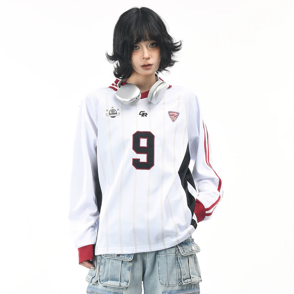 OV original American retro patchwork striped long sleeved T-shirt for men and women in autumn, loose contrasting color, digital embroidery V-neck jersey