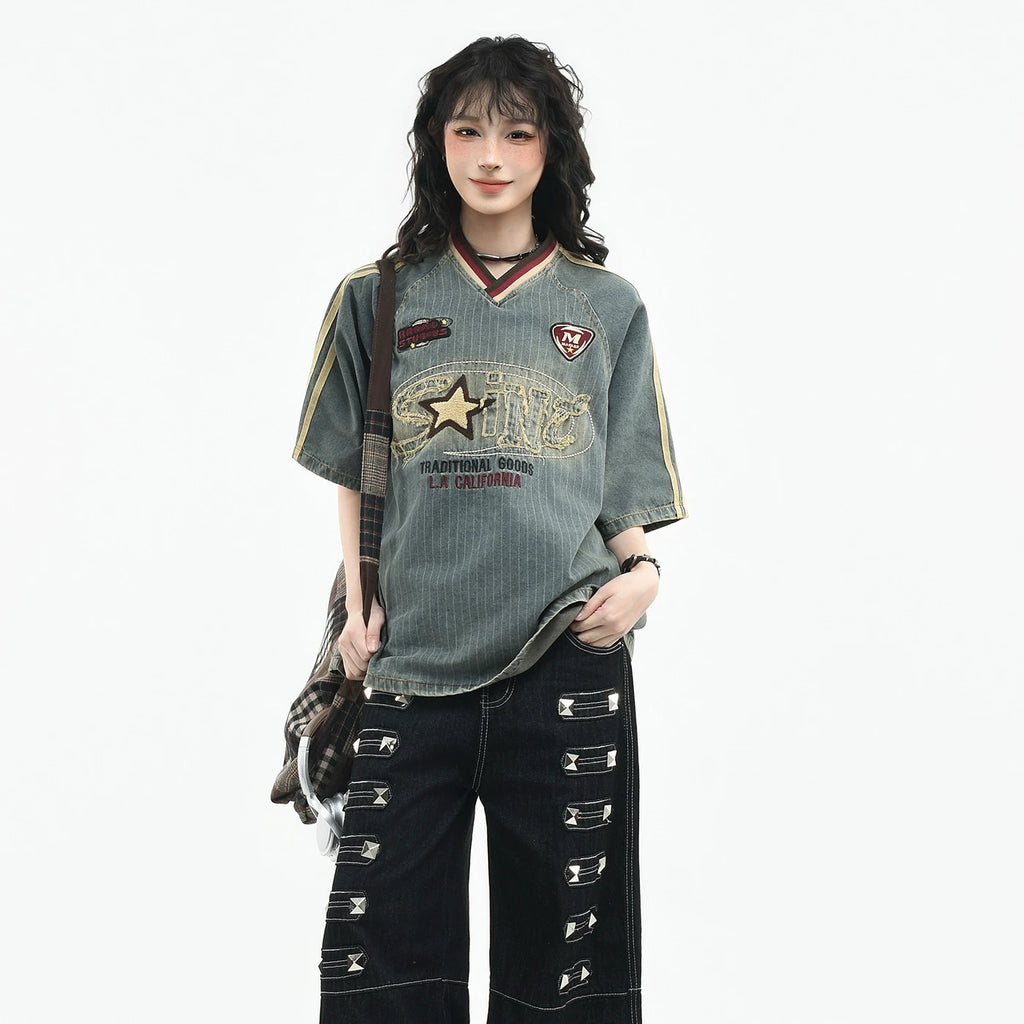 OV original American retro fringed embroidered V-neck short sleeved T-shirt for women in summer, loose and worn washed denim top for men