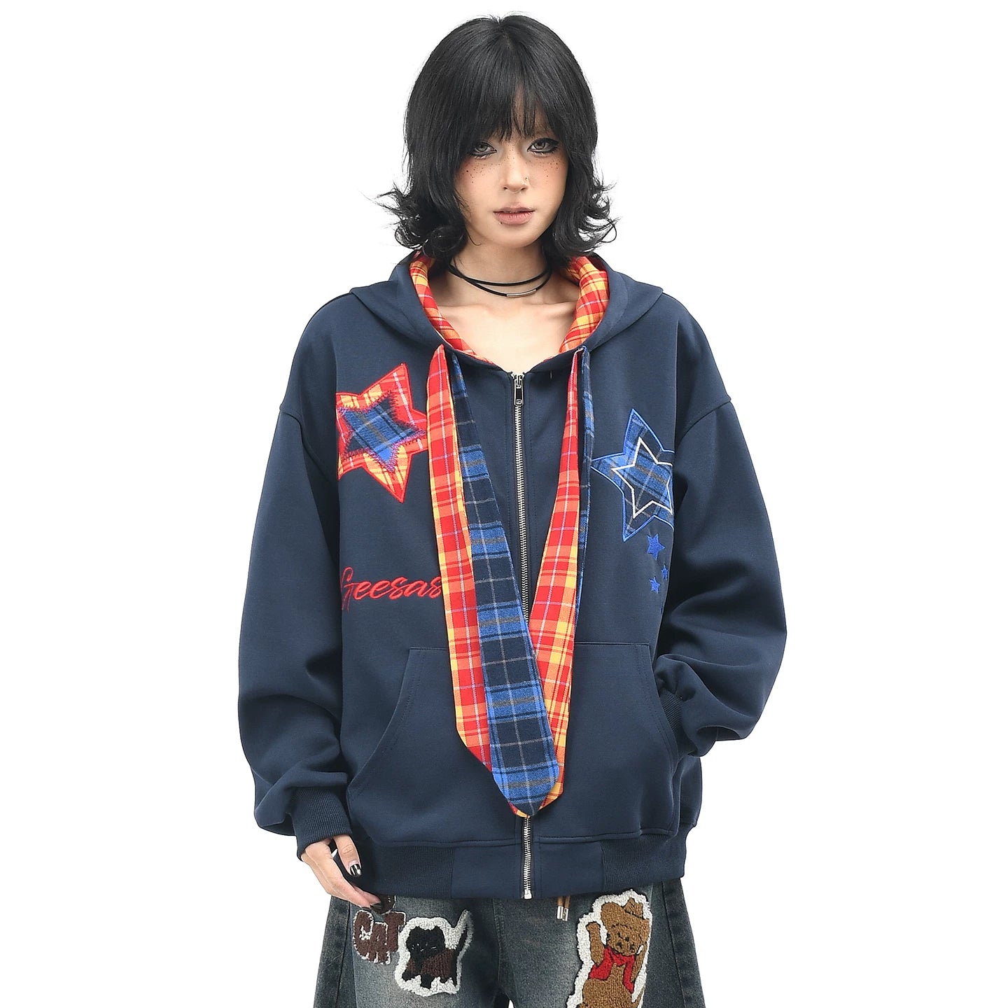 OV original American retro plaid embroidered hooded sweatshirt for women, autumn loose tie design, cardigan jacket for men