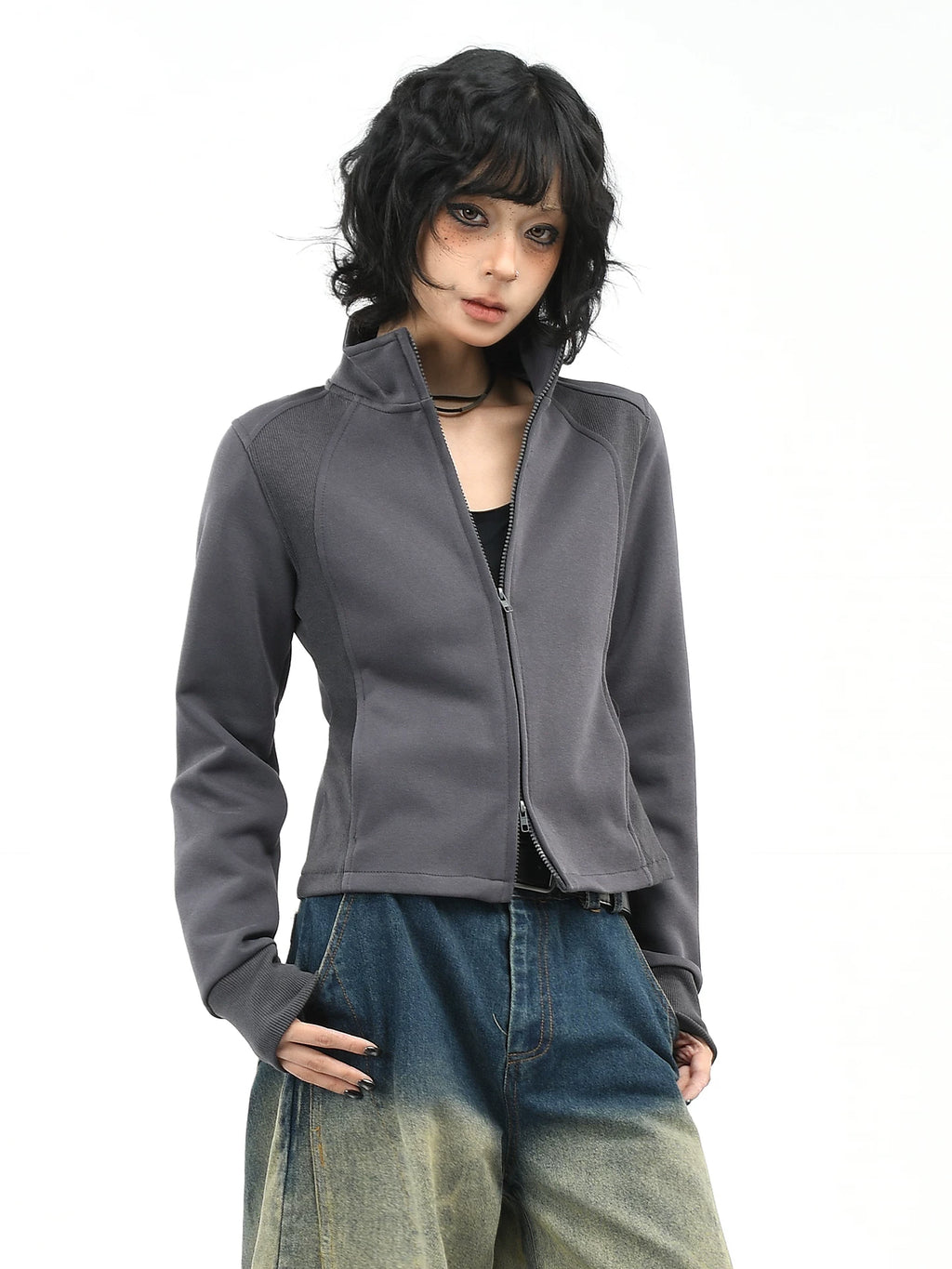 OV original American style short stand up collar shoulder sweatshirt for women's autumn street slimming and slimming effect, cardigan zipper long sleeved jacket