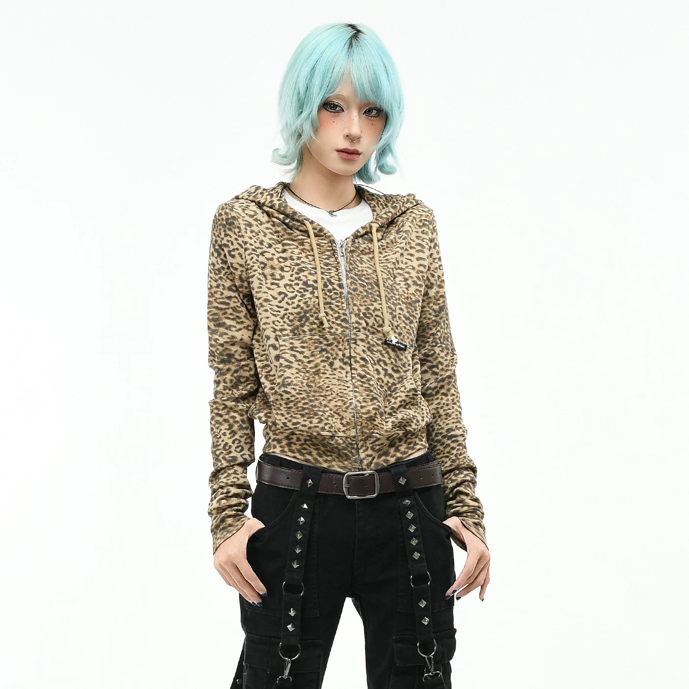 OV original American leopard print short zipper hooded sweatshirt for women in autumn, slim fit and slimming, waist cinching, spicy girl cardigan jacket
