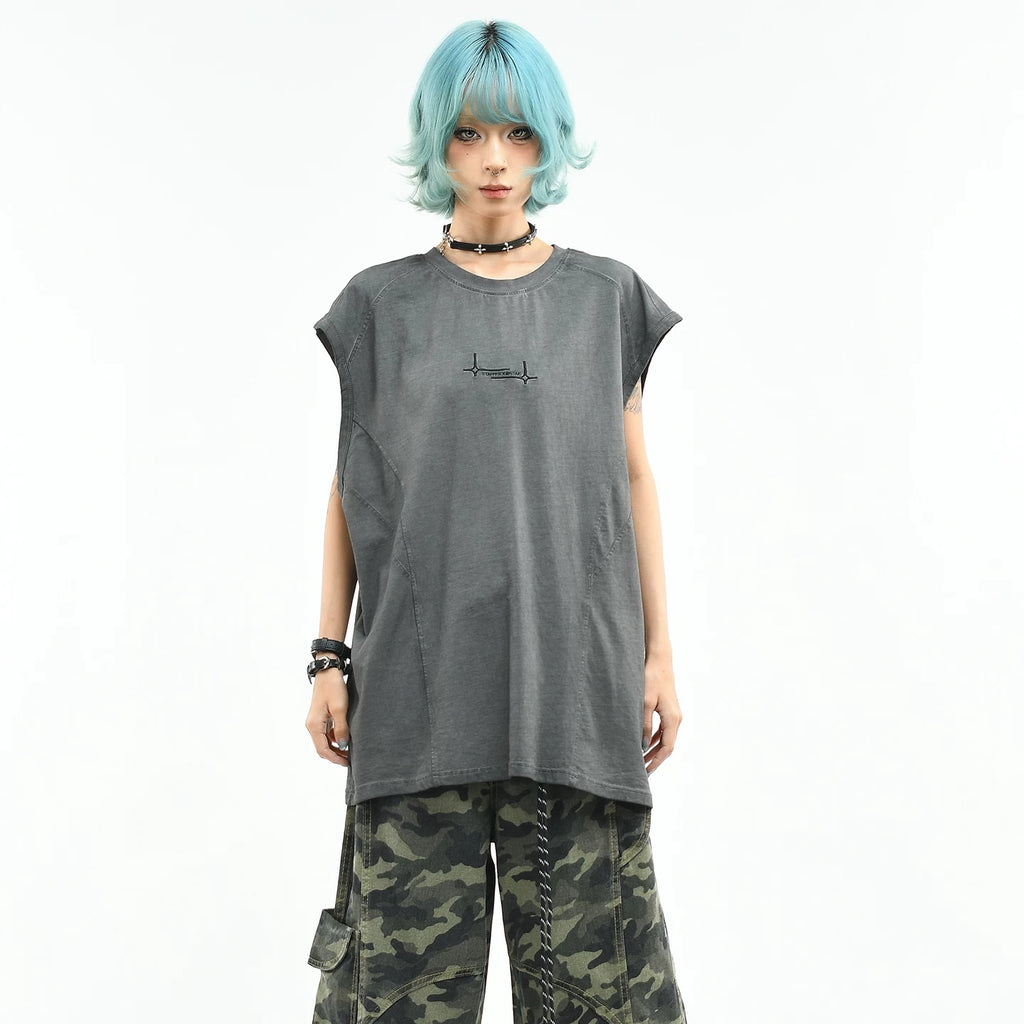 OV Original/Retro Deconstructed Splicing Shoulder Sleeveless T-shirt for Women in Summer, Loose Water Washed, Made Old, Relaxing, Tank Top for Men