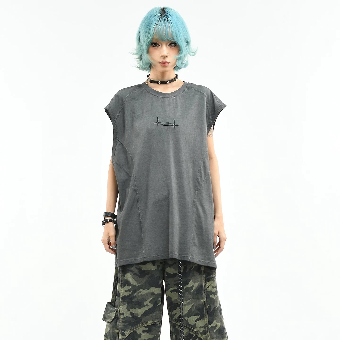 OV Original/Retro Deconstructed Splicing Shoulder Sleeveless T-shirt for Women in Summer, Loose Water Washed, Made Old, Relaxing, Tank Top for Men