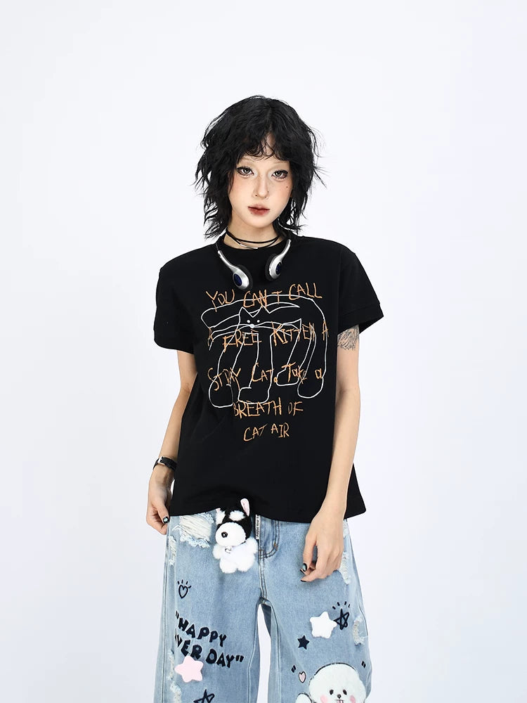OV Original/Summer American Fun Long Leg Cat Printed Short Sleeve T-shirt for Women Solona Cool Shoulder Top Trendy
