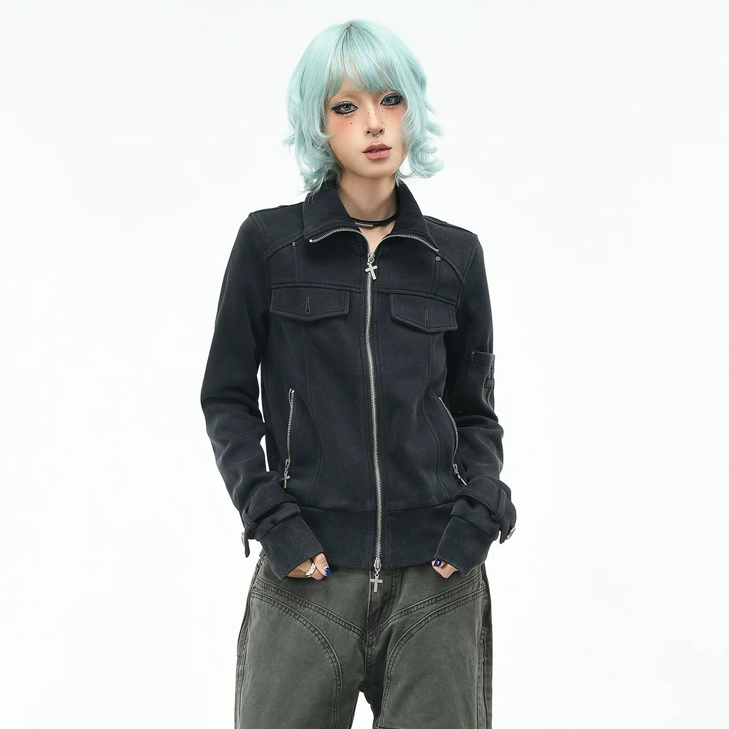 OV original American fashion brand vintage short standing collar jacket for women's autumn slim fit metal buckle zipper cardigan jacket trend